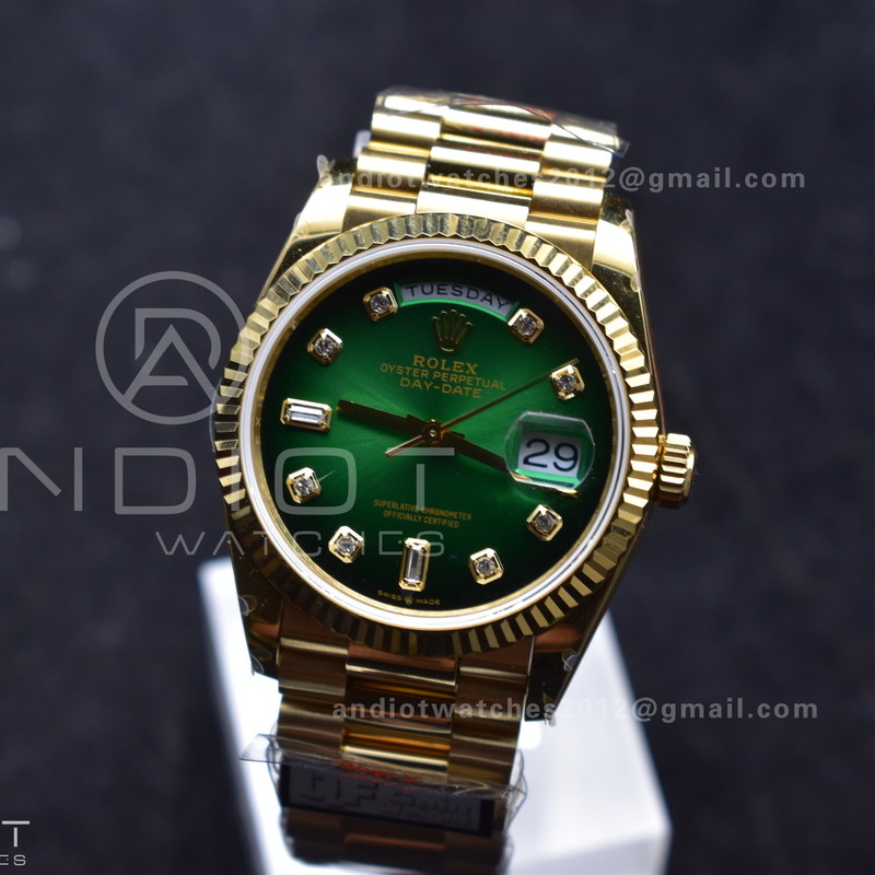 DayDate 36 YG QF Best Edition 904L Steel Faded Green Dial with Square Diamond on President Bracelet vr3255 V5 (Gain Weight)